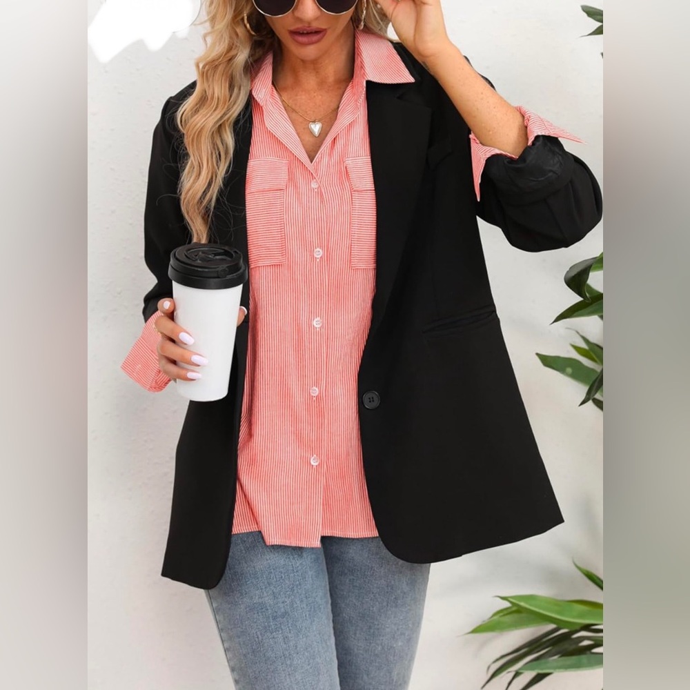 Sz L OMSJ OMSJ Women's Striped Button Down Shirts Casual Long Sleeve Stylish V - Picture 3 of 12